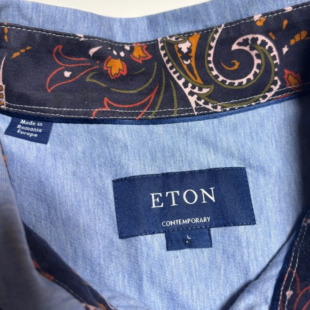 Eton Blue Stretch Jersey Shirt Contemporary Fit Men L Flip cuff Paisley Contrast - Picture 7 of 8